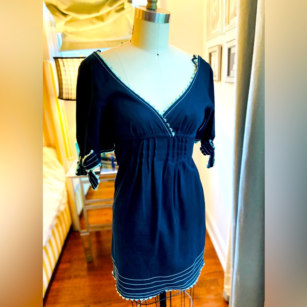 Judith March black dress with light blue trim. Cotton, deep v neck
